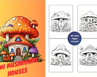 Mushroom House Coloring Book, Cute Grayscale Printable (PDF Download)