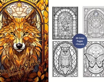 Página para colorear con diseño de vidrieras, ilustraciones detalladas, PDF imprimible (descarga instantánea)