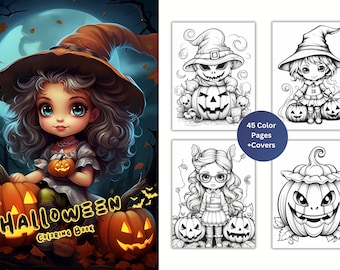 Halloween Coloring Book, Grayscale Illustrations (Printable PDF)