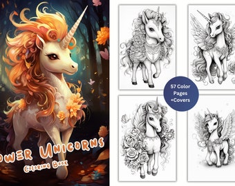 Floral Unicorns Coloring Book, 57 Fantasy Grayscale Pages (Printable PDF)