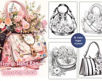 Floral Handbags Coloring Book, Grayscale Fashion, 25 Pages (Printable PDF)