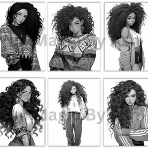 Puede incluir: Seis ilustraciones en blanco y negro de mujeres con el pelo rizado que llevan diferentes atuendos. Todas las mujeres miran a la c&aacute;mara.