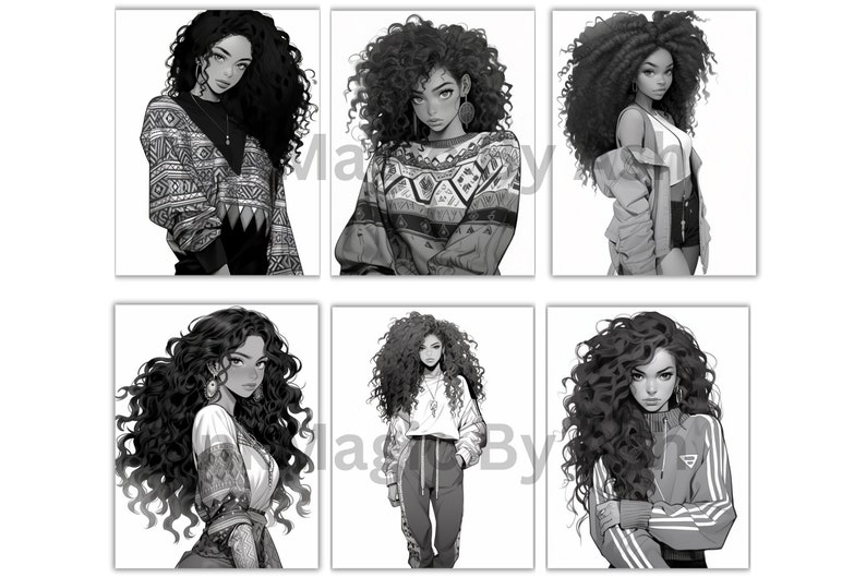 Puede incluir: Seis ilustraciones en blanco y negro de mujeres con el pelo rizado que llevan diferentes atuendos. Todas las mujeres miran a la c&aacute;mara.