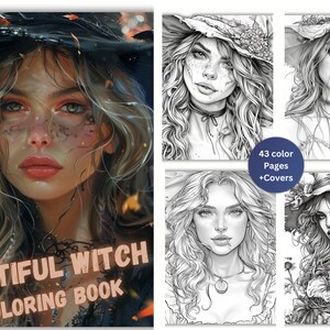 Könnte beinhalten: Ein Malbuch mit dem Titel "Beautiful Witch Coloring Book" mit einem Titelbild einer Frau mit langen blonden Haaren, die einen schwarzen Hut trägt. Das Buch enthält 43 farbige Seiten und Umschläge.
