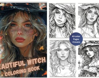 May include: A coloring book titled "Beautiful Witch Coloring Book" with a cover image of a woman with long blonde hair wearing a black hat. The book includes 43 color pages and covers.