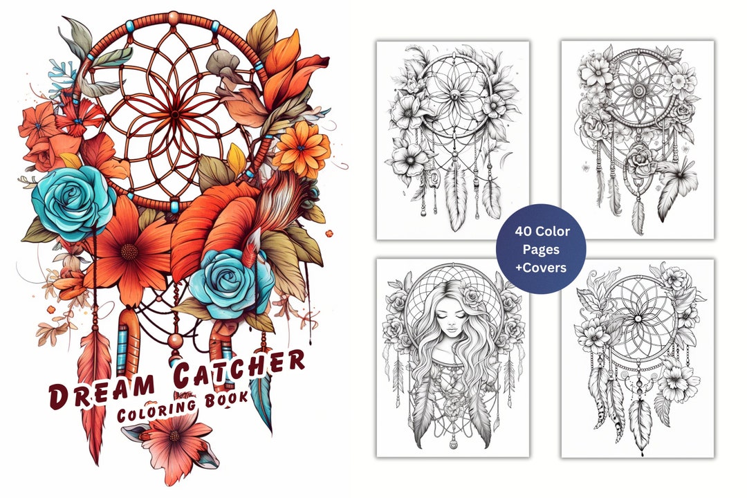 40 Dream Catchers Coloring Book Page, Adults Kids Instant Download