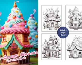 Ice Cream Houses Coloring Book, 41 Grayscale Pages (Printable PDF)