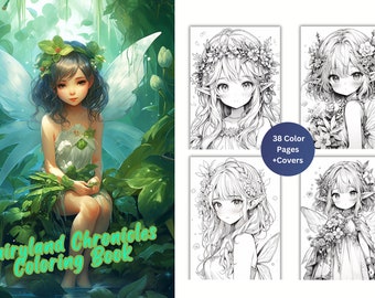 Anime Fairy Coloring Pages, Grayscale Book (Printable PDF)