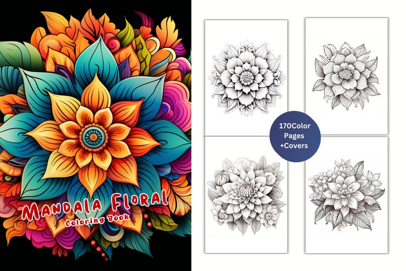 Puede incluir: Un libro para colorear con el t&iacute;tulo "Mandala Floral Coloring Book". La portada presenta un dise&ntilde;o de mandala colorido con una gran flor naranja en el centro. El libro incluye 170 p&aacute;ginas de p&aacute;ginas para colorear y portadas.