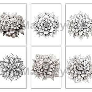 Puede incluir: Seis dibujos en blanco y negro de diferentes arreglos florales. Cada dibujo presenta una disposici&oacute;n diferente de flores, incluyendo un ramo de flores m&aacute;s peque&ntilde;as y varias flores grandes individuales.