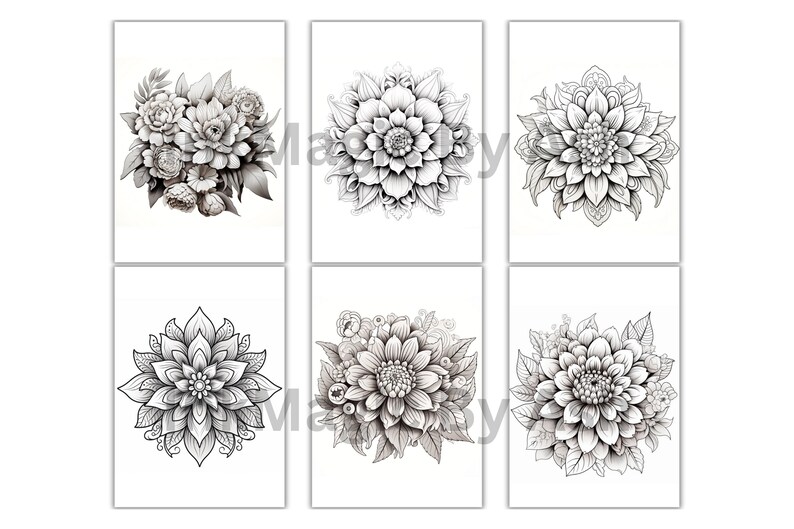 Puede incluir: Seis dibujos en blanco y negro de diferentes arreglos florales. Cada dibujo presenta una disposici&oacute;n diferente de flores, incluyendo un ramo de flores m&aacute;s peque&ntilde;as y varias flores grandes individuales.