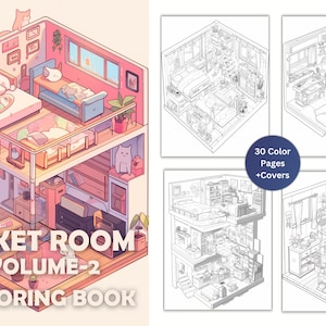 Libro para colorear de una acogedora sala de estar, interior isométrico, Pocket Room V2 (descarga digital)