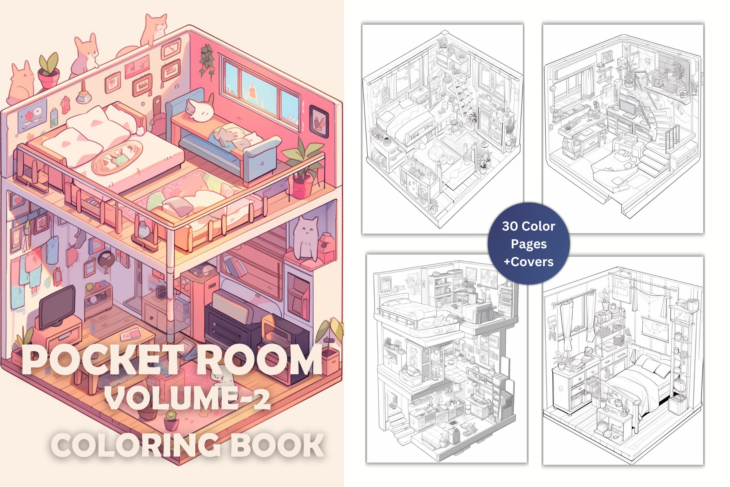 Pocket Room V2 Coloring Book – Cozy Isometric Interiors for Relaxation | Printable Pages for Adults & Kids