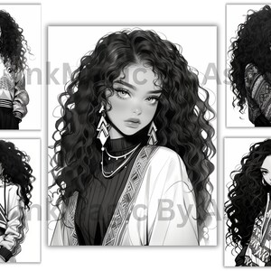 Puede incluir: Cinco ilustraciones en blanco y negro de mujeres con cabello largo y rizado. Cada mujer lleva un atuendo diferente, incluyendo una chaqueta bomber, una camisa de manga larga y una sudadera. Las mujeres miran todas a la c&aacute;mara.