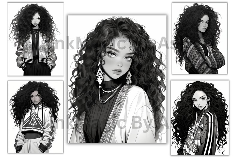 Puede incluir: Cinco ilustraciones en blanco y negro de mujeres con cabello largo y rizado. Cada mujer lleva un atuendo diferente, incluyendo una chaqueta bomber, una camisa de manga larga y una sudadera. Las mujeres miran todas a la c&aacute;mara.