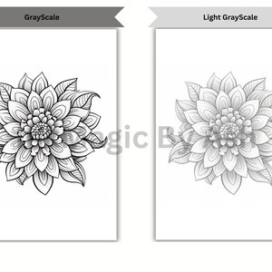 Puede incluir: Un dibujo en blanco y negro de una flor estilizada con detalles intrincados. La flor se muestra en dos versiones: una con un contorno negro s&oacute;lido y otra con un relleno gris claro.