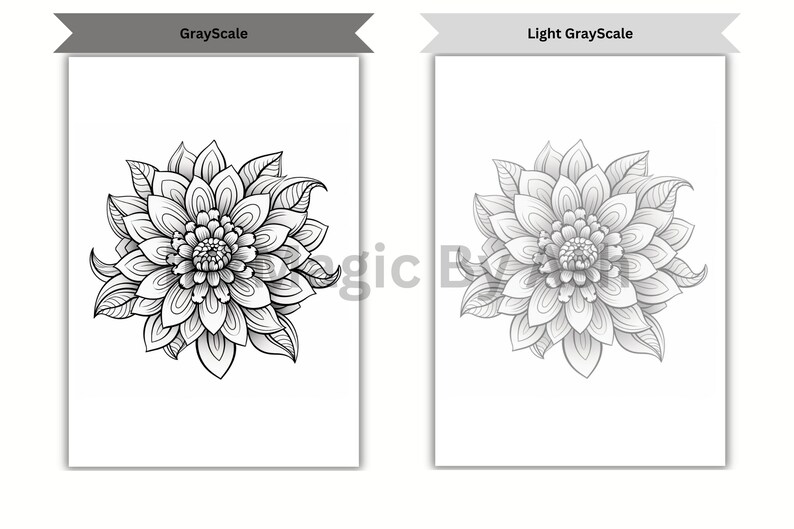 Puede incluir: Un dibujo en blanco y negro de una flor estilizada con detalles intrincados. La flor se muestra en dos versiones: una con un contorno negro s&oacute;lido y otra con un relleno gris claro.