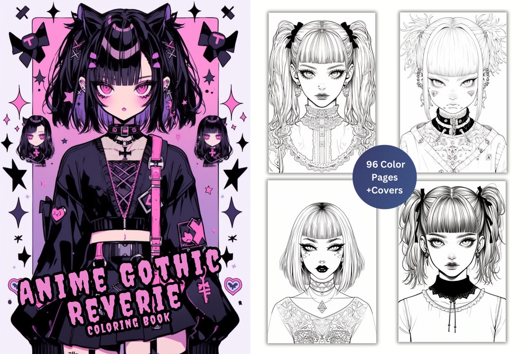 Anime Goth Girls Coloring Book 96 Page Manga Fantasy Greyscale Gothic ...