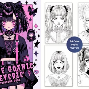 Anime Goth Girls Coloring Book 96 Page Manga Fantasy Greyscale gothic Coloring Pages for Children & Adults, Instant Download, Printable PDF