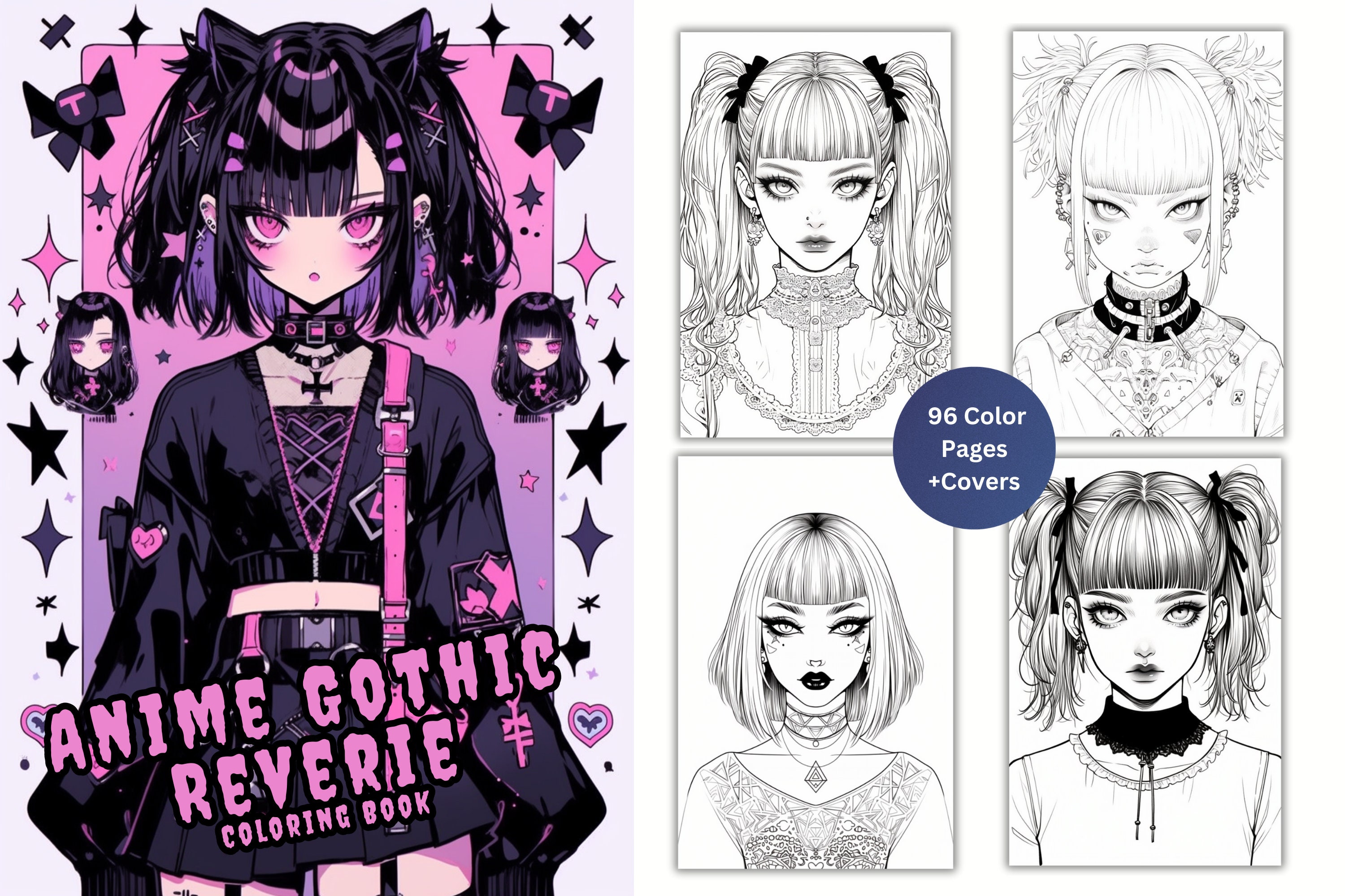 Anime Goth Girls Coloring Book 96 Page Manga Fantasy Greyscale Gothic ...