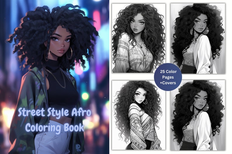 Puede incluir: Un libro para colorear con una mujer negra de pelo largo y rizado. La portada la muestra con un atuendo de estilo urbano con una chaqueta verde y pantalones blancos. El t&iacute;tulo del libro es "Street Style Afro Coloring Book". Hay 25 p&aacute;ginas a color y cubiertas.