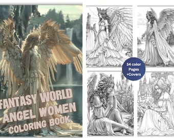 Fantasy Angel Women Coloring Pages, Grayscale Art (Printable PDF)
