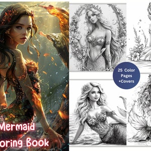 Mermaids Coloring Book, Underwater Princess, Adults + kids- Instant Download Grayscale Coloring Page - Printable PDF, ocean life