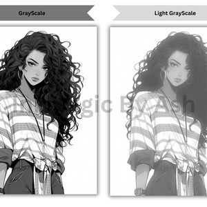 Puede incluir: Una ilustraci&oacute;n en blanco y negro de una mujer con el pelo rizado que lleva una camisa a rayas y unos vaqueros. La imagen est&aacute; en dos versiones, una con un tono de gris m&aacute;s oscuro y otra con un tono de gris m&aacute;s claro.