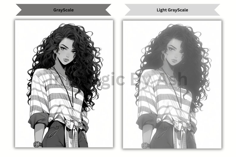 Puede incluir: Una ilustraci&oacute;n en blanco y negro de una mujer con el pelo rizado que lleva una camisa a rayas y unos vaqueros. La imagen est&aacute; en dos versiones, una con un tono de gris m&aacute;s oscuro y otra con un tono de gris m&aacute;s claro.