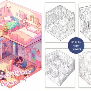May include: A coloring book featuring a colorful illustration of a small, cozy room with a loft bed, a kitchen, and two people sitting at a table. The book is titled "Pocket Room Volume - 1" and includes 30 color pages plus covers.