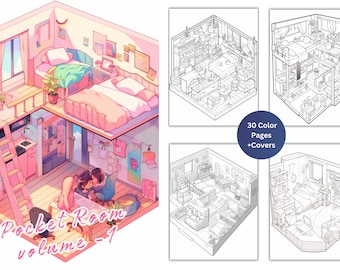 Libro para colorear de habitación isométrica, interior acogedor, páginas relajantes (PDF imprimible)