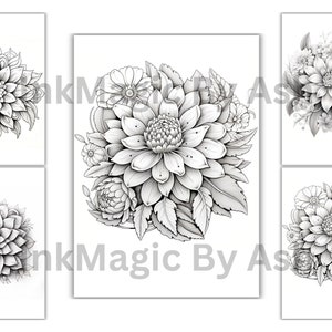 Puede incluir: Cinco p&aacute;ginas para colorear imprimibles en blanco y negro con ilustraciones detalladas de varios arreglos florales. Cada p&aacute;gina presenta un arreglo floral diferente, que incluye dalias, rosas y otros elementos florales.