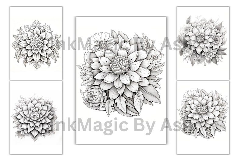 Puede incluir: Cinco p&aacute;ginas para colorear imprimibles en blanco y negro con ilustraciones detalladas de varios arreglos florales. Cada p&aacute;gina presenta un arreglo floral diferente, que incluye dalias, rosas y otros elementos florales.