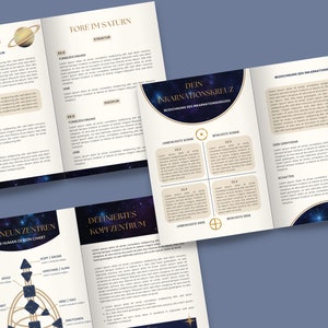 May include: A book with a dark blue cover and gold accents. The cover features a starry night sky with a planet and a symbol. The title of the book is "Saturn" and "Tore im Saturn". The book is open to a page with a diagram of the human design chart.