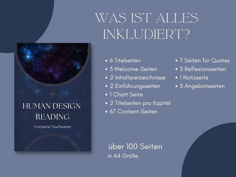 May include: A blue book cover with a galaxy design and gold accents. The title is "Human Design Reading" with the text "Vorname Nachname" below. The text "WAS IST ALLES INKLUDIERT?" is at the top of the page, followed by a list of page types and quantities, including "6 Titelseiten", "3 Welcome-Seiten", "2 Inhaltsverzeichnisse", "2 Einf&uuml;hrungsseiten", "1 Chart Seite", "2 Titelseiten pro Kapitel", "67 Content-Seiten", "7 Seiten f&uuml;r Quotes", "3 Reflexionsseiten", "1 Notizseite", "3 Angebotsseiten". The text "&uuml;ber 100 Seiten in A4 Gr&ouml;&szlig;e" is at the bottom of the page.