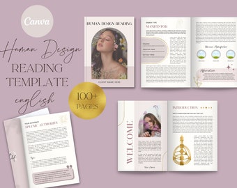 May include: A pink and gold Human Design Reading Template with over 100 pages. The template includes a welcome page, an introduction page, and a page about the client's energy type, which is Manifestor. The template also includes a page about the client's authority, which is Splenic Authority.