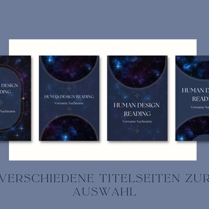 May include: Four different designs for a Human Design Reading business card. Each card features a dark blue background with a galaxy pattern and gold accents. The text "Human Design Reading" is featured on each card.