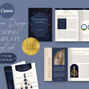 Könnte beinhalten: Eine Human Design Lesevorlage mit kosmischem Thema. Die Vorlage verfügt über ein blaues und goldenes Farbschema mit Sternen und einem Galaxie-Hintergrund. Der Text "Human Design Reading Template" ist in einer kursiven Schrift geschrieben. Der Text "100+ Seiten" ist in einem goldenen Kreis geschrieben. Der Text "English Cosmic Edition" ist in einem goldenen Rechteck geschrieben.