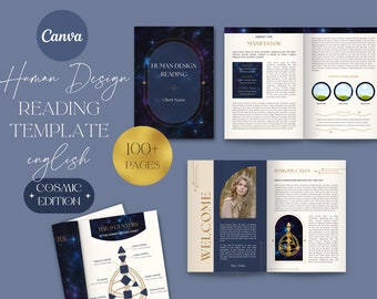 May include: A Human Design Reading Template with a cosmic theme. The template features a blue and gold colour scheme with stars and a galaxy background. The text "Human Design Reading Template" is written in a cursive font. The text "100+ Pages" is written in a gold circle. The text "English Cosmic Edition" is written in a gold rectangle.