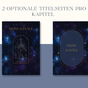 May include: Two title page options for a chapter in a book. The first option features a stylised illustration of a person with a starry night background. The second option features a simple oval frame with the text "Deine Kan&auml;le" on a starry night background.