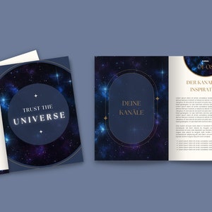 May include: A blue and gold galaxy-themed brochure with the text "Trust the Universe" and "Deine Kan&auml;le" on the front cover. The back cover has the text "Der Kanal der Inspiration" and "Kanal 01/08".