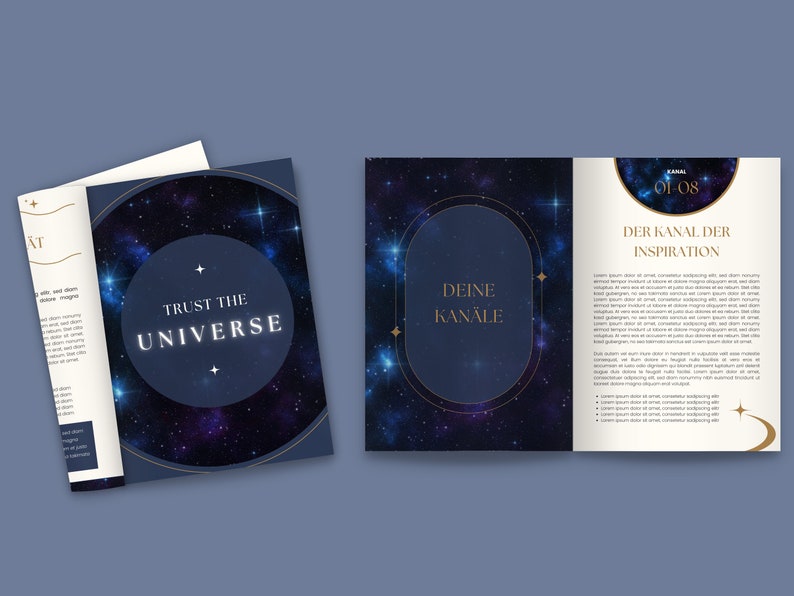 May include: A blue and gold galaxy-themed brochure with the text "Trust the Universe" and "Deine Kan&auml;le" on the front cover. The back cover has the text "Der Kanal der Inspiration" and "Kanal 01/08".