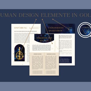 May include: A digital printable guide to Human Design elements in gold. The guide features a dark blue background with gold text and illustrations. The text includes the words "Einf&uuml;hrung", "Wirkweise der Zentren", "Undefiniertes Ajnazentrum", and "Definiertes Zentrum".