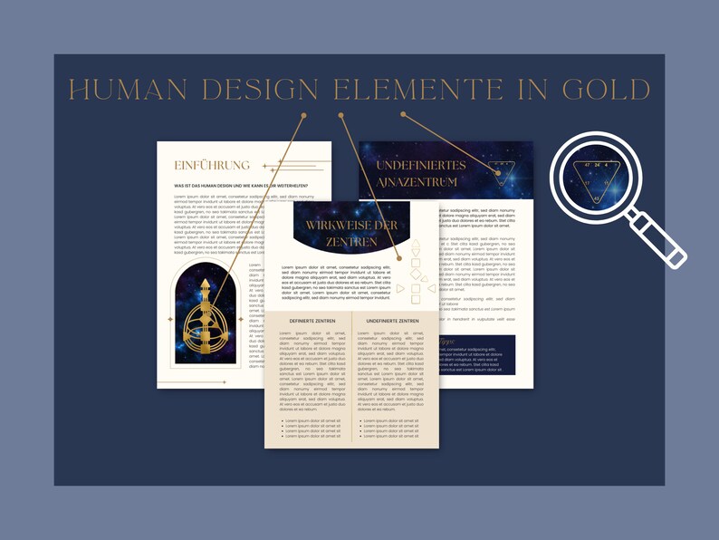 May include: A digital printable guide to Human Design elements in gold. The guide features a dark blue background with gold text and illustrations. The text includes the words "Einf&uuml;hrung", "Wirkweise der Zentren", "Undefiniertes Ajnazentrum", and "Definiertes Zentrum".