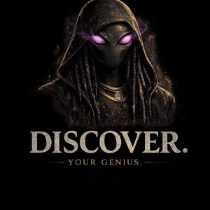 May include: A graphic design featuring a hooded figure with glowing purple eyes and dark textured robes, accented by a gold necklace with a purple gem. Below the figure, the text reads DISCOVER. YOUR GENIUS. in a bold, serif font.