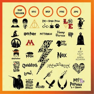 May include: A collection of 24 Harry Potter themed SVG cut files. The designs include characters, symbols, and quotes from the popular book series.  The designs are perfect for creating personalized crafts, gifts, and home decor.