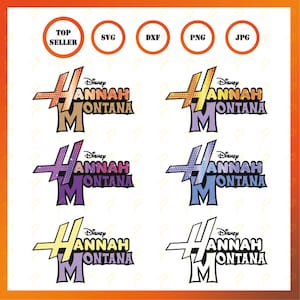 Könnte beinhalten: Vier Variationen des Disney Hannah Montana-Logos. Jedes Logo zeigt ein stilisiertes "H" mit einem Glitzer-Effekt und den Text "Disney Hannah Montana" in fetter Schrift. Die Logos sind in verschiedenen Farbkombinationen gehalten, darunter Gelb und Braun, Lila und Blau, Blau und Lila sowie Gelb und Lila.