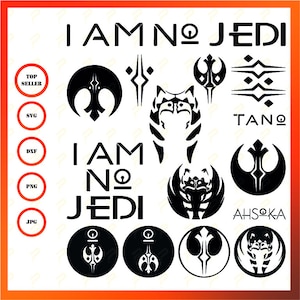 May include: A black and white digital download of Star Wars themed logos and text. The text reads "I am no Jedi" and "Tano" and "Ahsoka". The logos include the Rebel Alliance symbol, a Mandalorian symbol, and a symbol with a lightsaber.