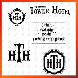 May include: Black and white logo for the Hollywood Tower Hotel, a fictional hotel featured in the Twilight Zone Tower of Terror ride at Disney theme parks. The logo features the letters HTH in a gothic font with a crown above the letters. The text "The Hollywood Tower Hotel" and "The Twilight Zone Tower of Terror" are also included in the image.