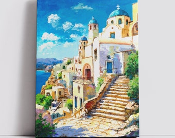 Pinturas originales acrílicas sobre lienzo / Santorini Tina Island Grecia / Housewarming New Home Decoración de pared única, regalo para ella él parejas
